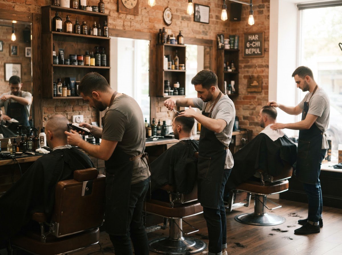 Uchta barber ustasi orqa tomondan, mijozlarning sochi ustida qaychi va mashinka bilan ishlayapti