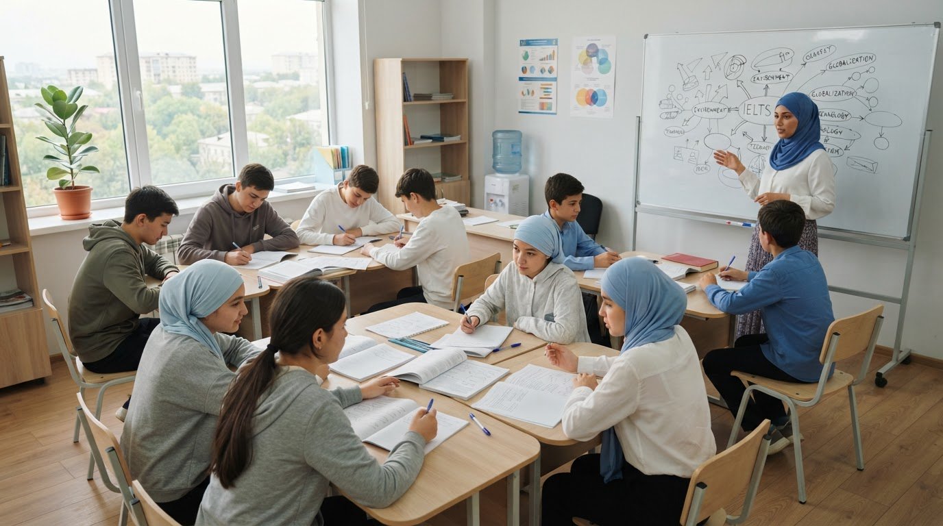 Kelajak Akademiyasi sinfi: yoshlar guruhda IELTS darsida ishlayapti, derazadan quyosh nuri tushmoqda