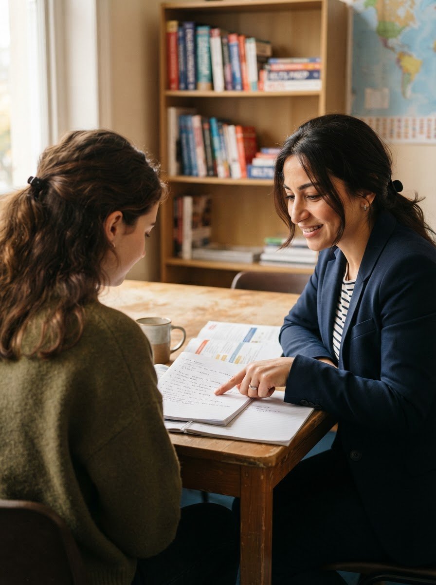 Aziza Rahimova o'quvchisiga IELTS speaking ga tayyorlanish bo'yicha maslahat bermoqda