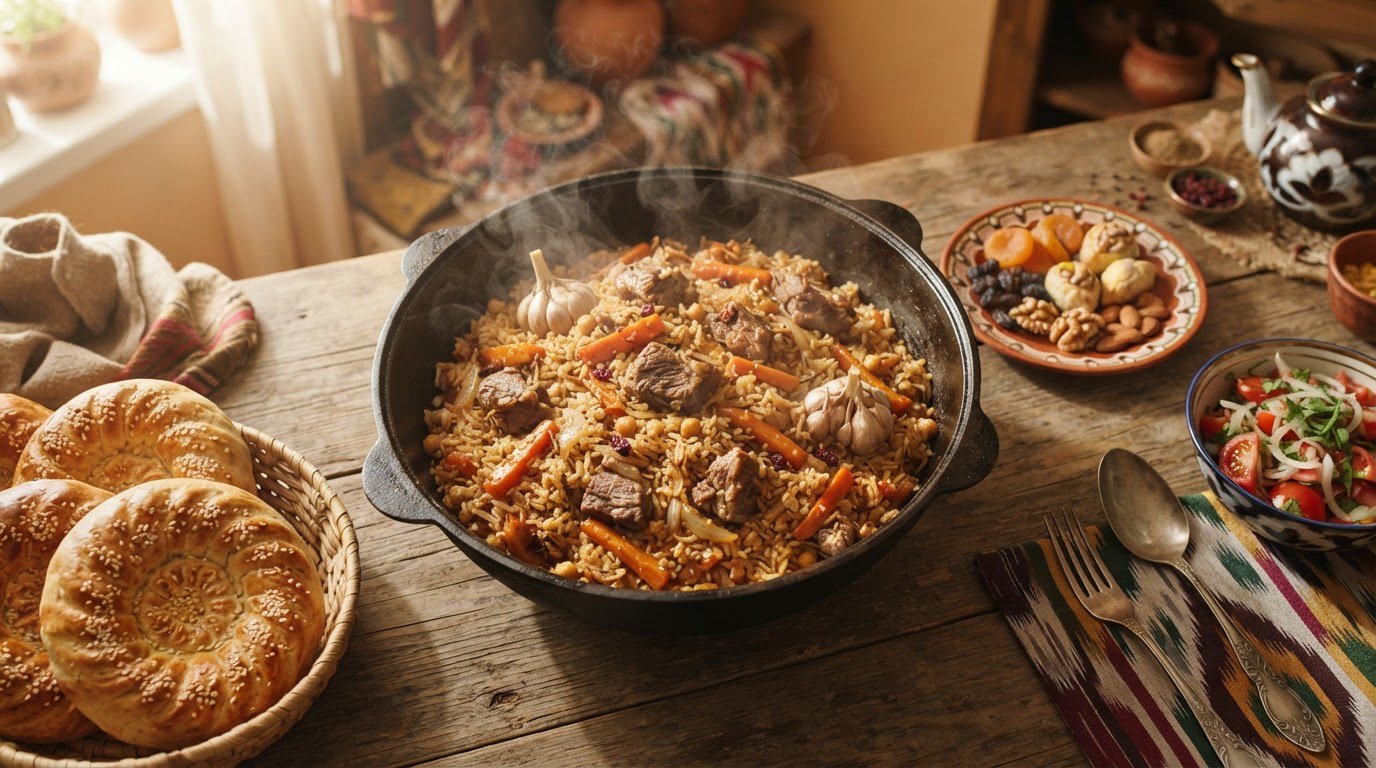 Qozonda pishirilayotgan qizg'ish to'y oshi, yonida buxoriy nonlar va shirinliklar