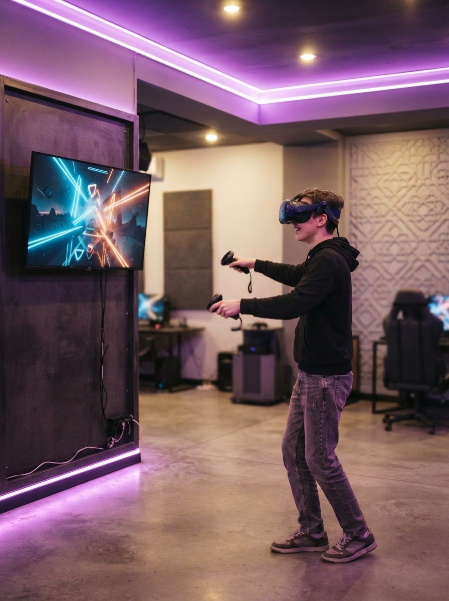 VR shlemidagi yosh o'yinchi qo'llarini harakatlantirmoqda