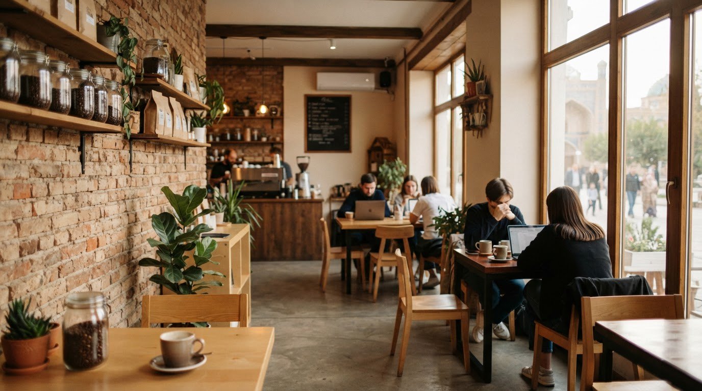 Bodom Coffee interyeri: yog'och va g'isht devorlar, mehmonlar stollarda.