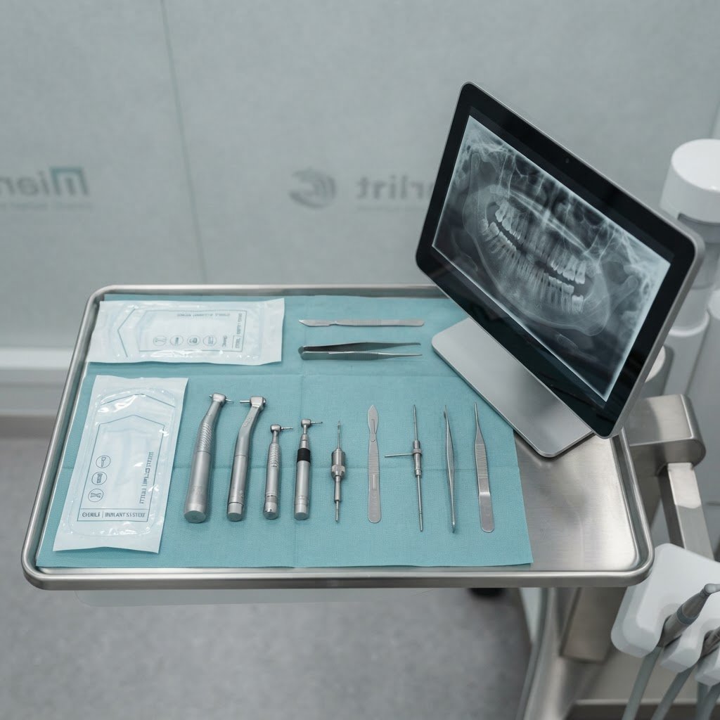 Zamonaviy implant qurilmasi va sterilizatsiya zonasi — asboblar toza va tayyor